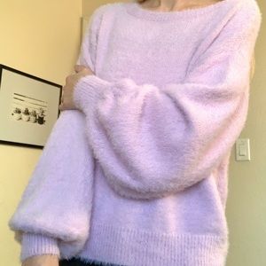 F21 pink purple fuzzy balloon sleeve sweater